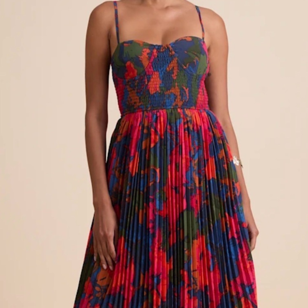 NWT Lulus Kinleigh Red Multi Abstract Pleated Bustier Dress XL - broken strap